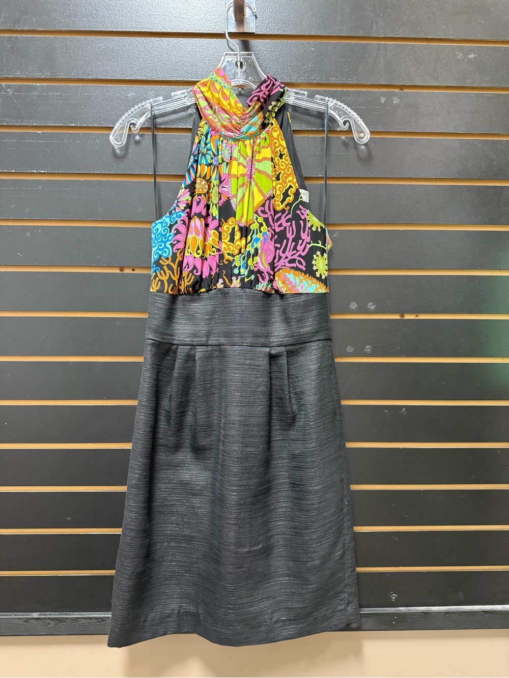 Trina Turk Size 2 Silk Halter Dress Black Multicolor Scarf Tie Made in USA